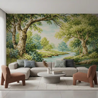 Living room using green creek mural with twisting branches and shrubs