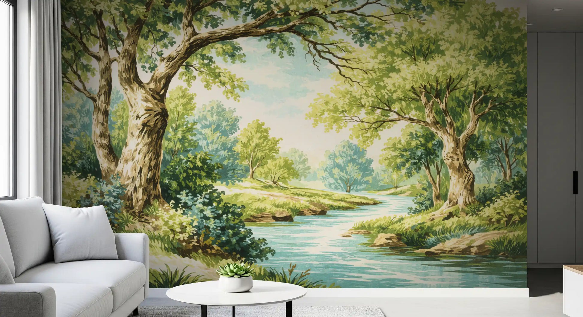 Green scenery mural with curved branches, stones, and gentle creek flow