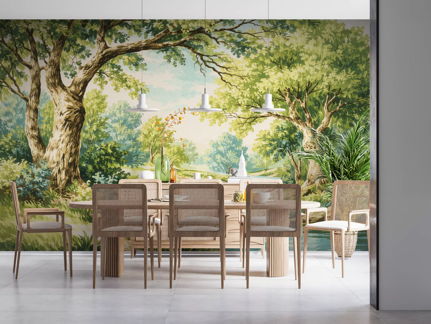 Dining room wall mural with Enchanted Woodland Stream and lush creek scenery