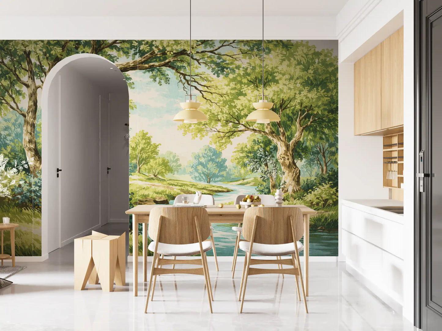 Dining room with Woodland Landscape Mural and soft waterway movement