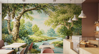 Creek landscape mural showing tree limbs, grass edges, and aqua water