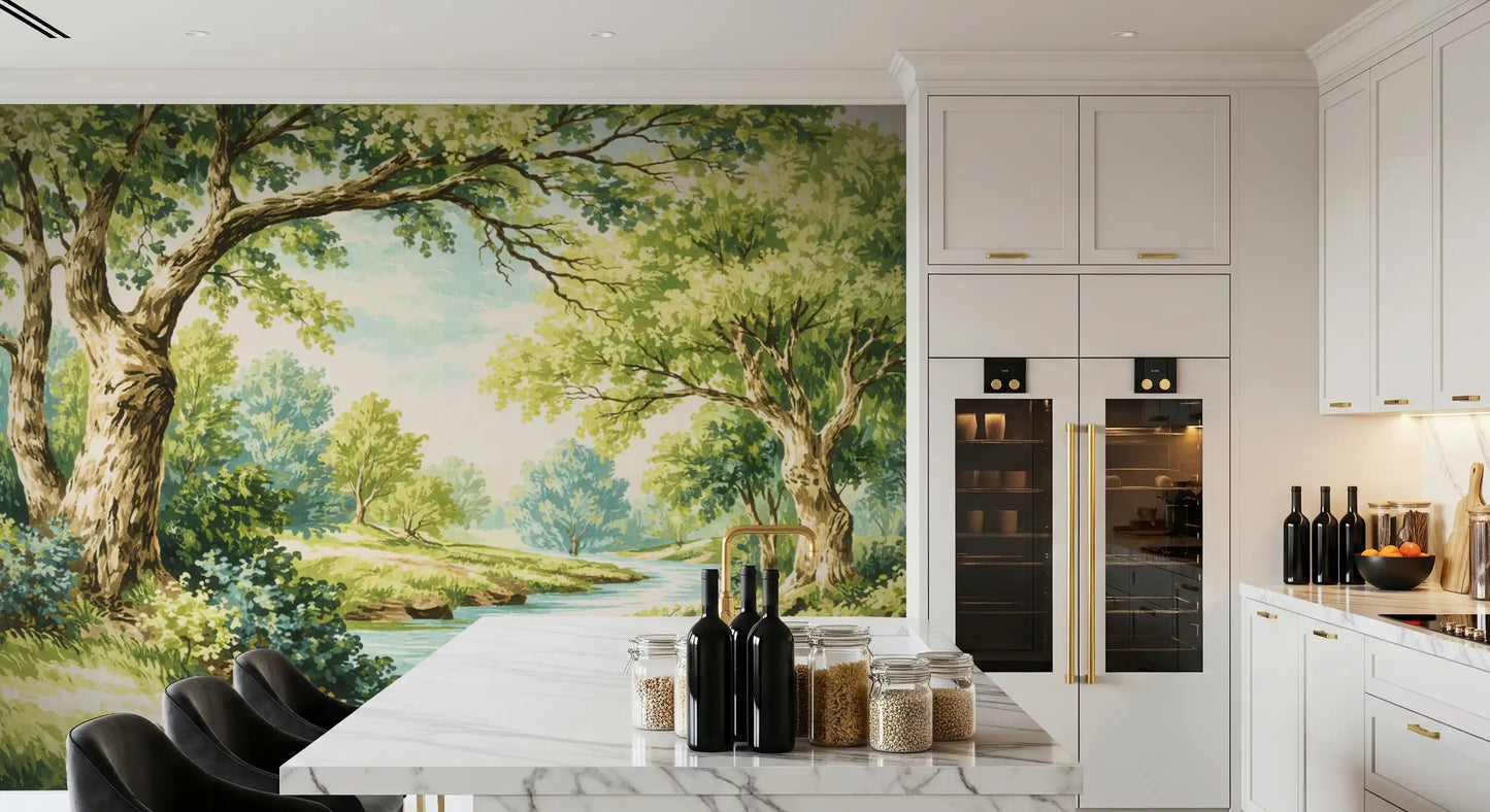 Tree creek mural featuring leafy banks and a fresh outdoor water view