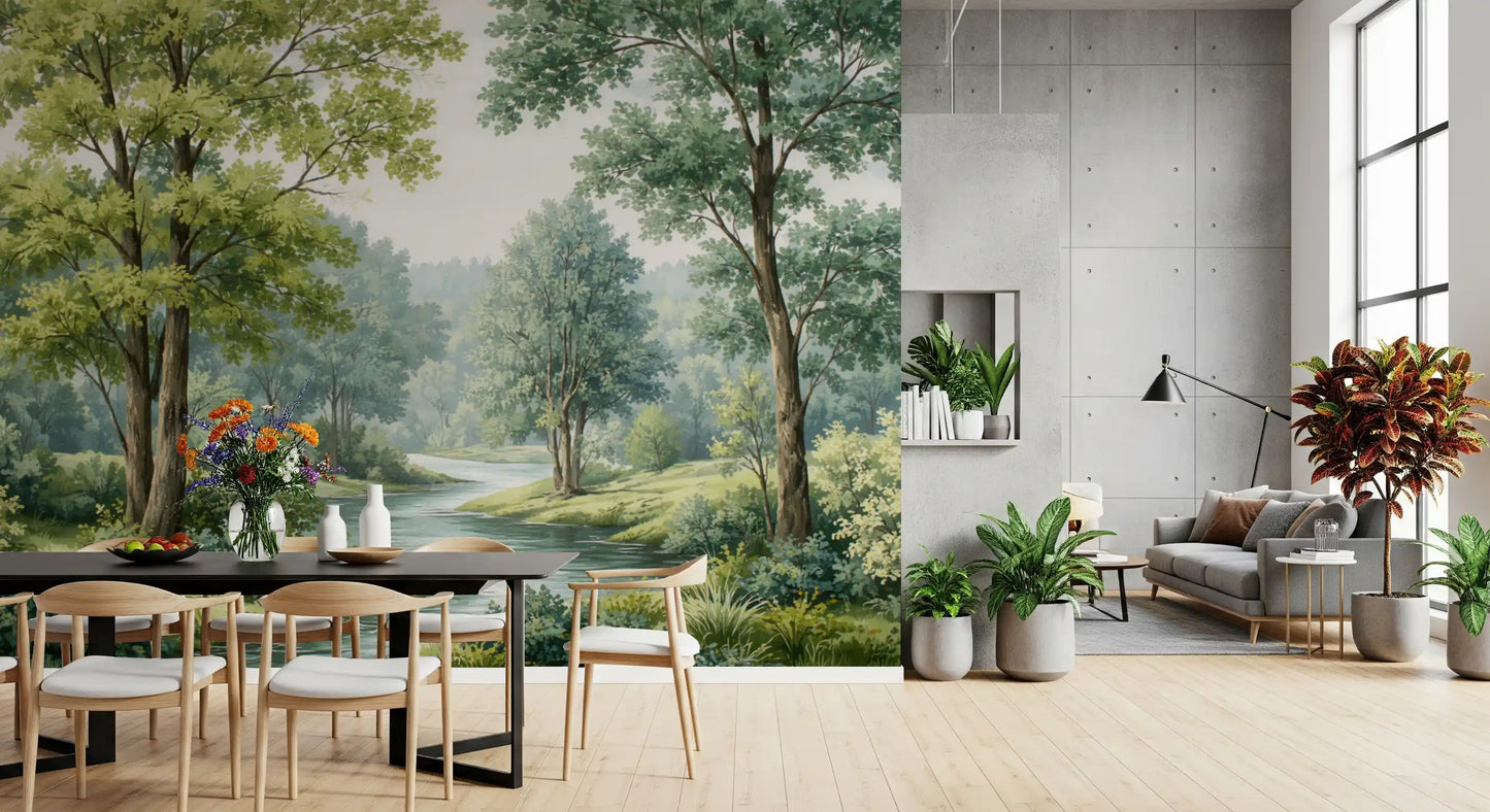 Nature wall mural with calm river detail and dense green foliage