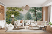 Living room wall mural featuring Serenity Wall Mural with calm green landscape