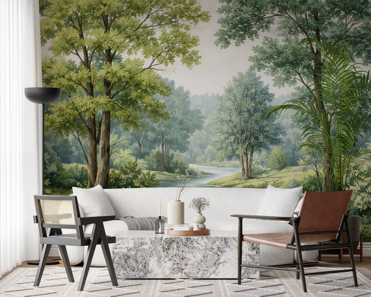 Hallway wall mural showing forest river water and leafy tree detail