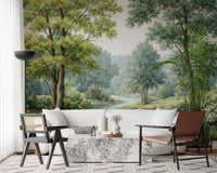 Hallway wall mural showing forest river water and leafy tree detail