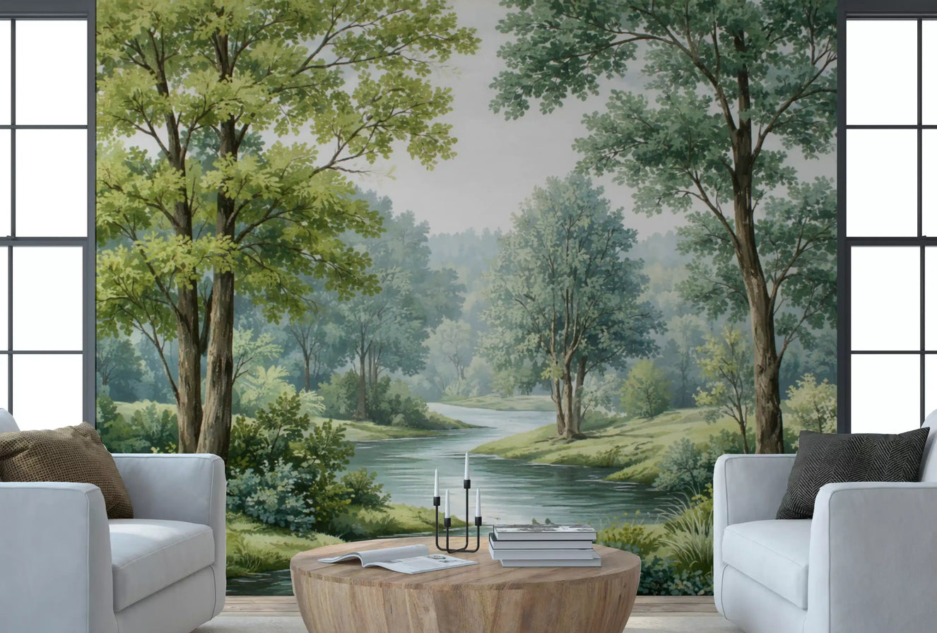Living room wall mural with Forest River Serenity and soft woodland scenery