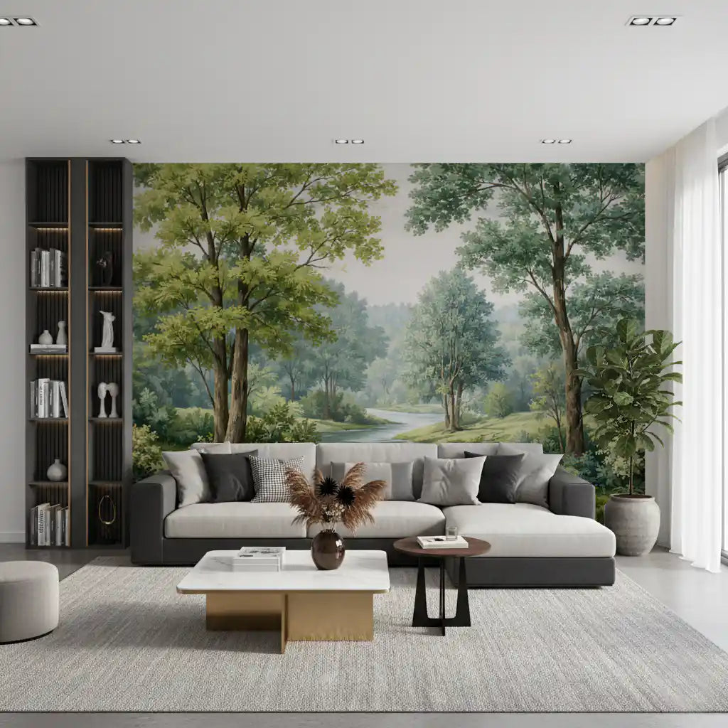 Wall mural showing woodland greenery and a quiet river through the scene