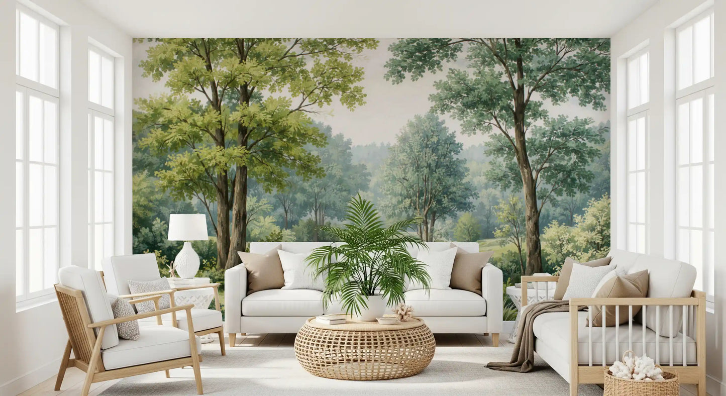 Forest River Serenity wall mural with tall trunks and gentle water curves