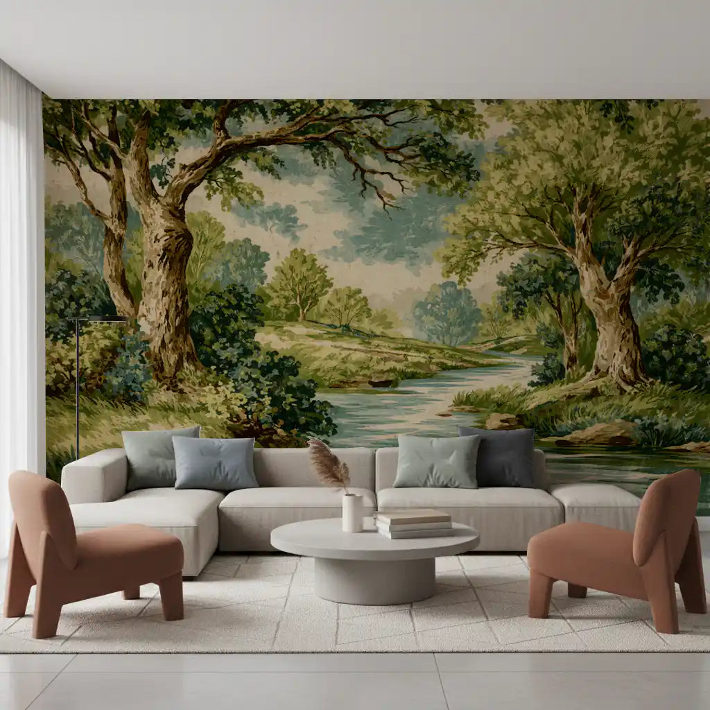 Living room wall mural with Woodland River Bend and a quiet stream view