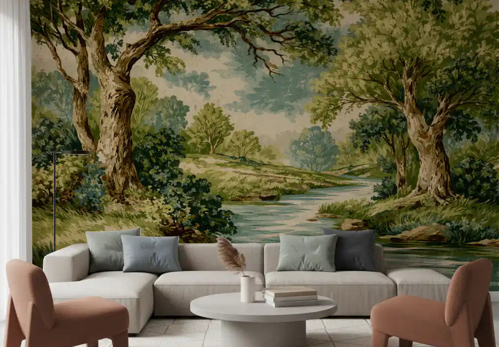 Living room wall mural with Woodland River Bend and a quiet stream view