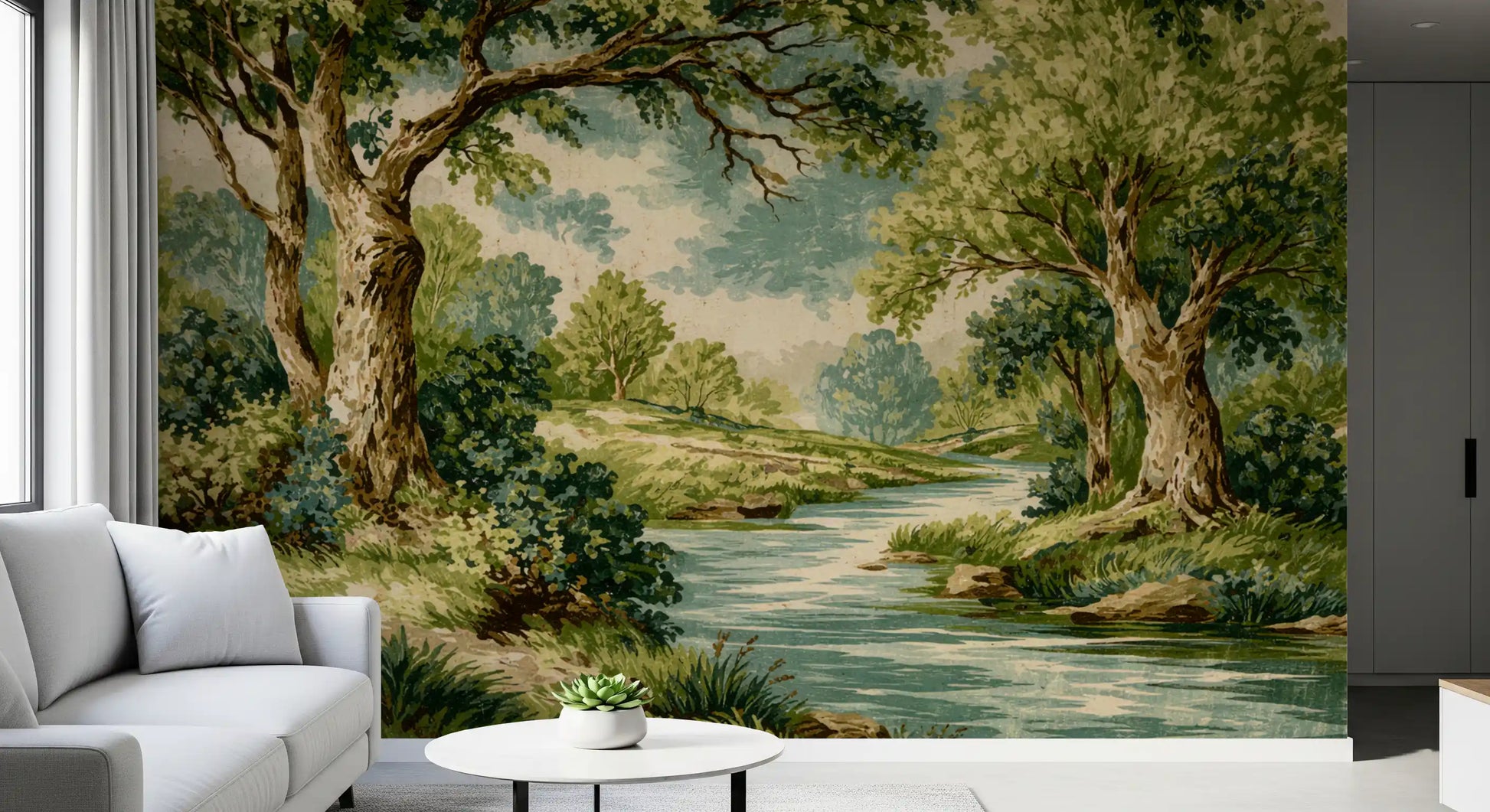 Hallway wall showing waterside mural with aged trees and soft outdoor depth