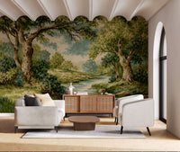 Tree canopy mural featuring quiet water, rocky edges, and outdoor detail