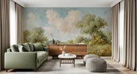 Living room wall mural with Timeless Hills scenery and soft cloud detail