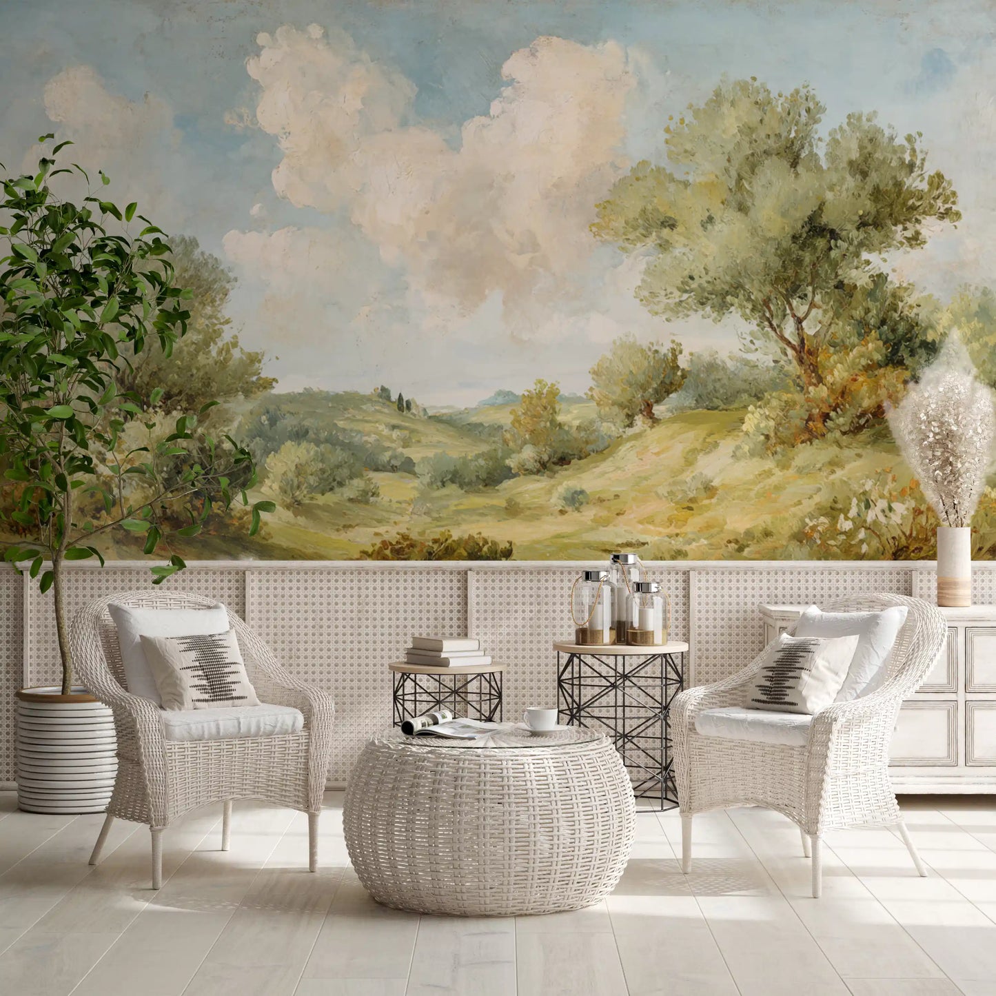 Home wall showing Painted Vista Wall Mural with rolling green slopes