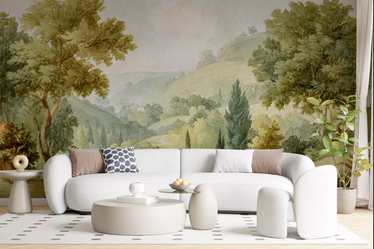 Living room wall mural with Serene Valley Vista and soft green hills