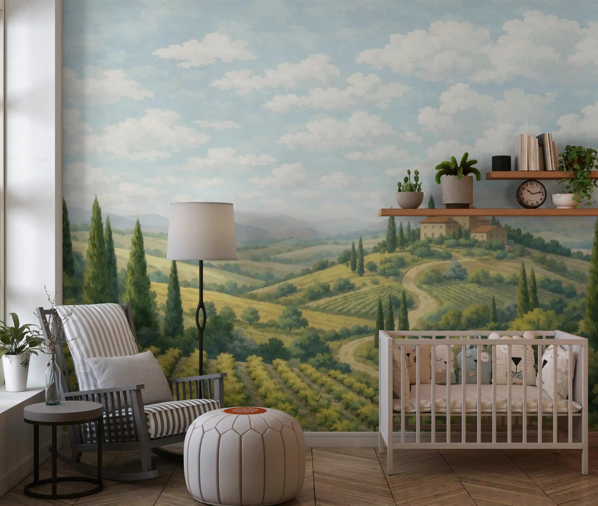 Kids room wall showing Tuscan vineyard mural with cypress trees and soft hills
