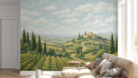 Living room wall mural with Tuscan Vineyard Vista and rolling countryside