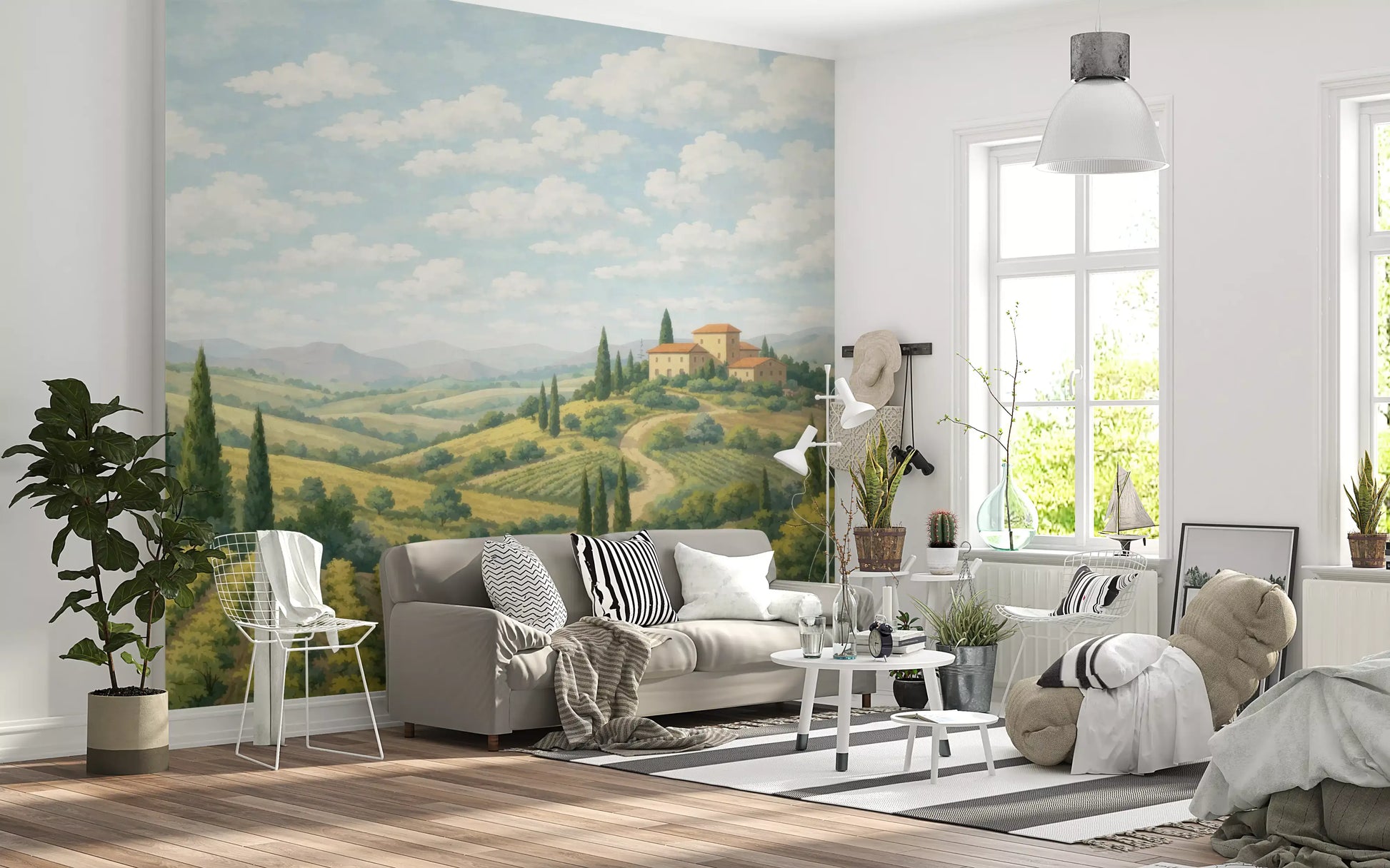 Vineyard wall mural showing rows of vines, hills, and soft cloud detail