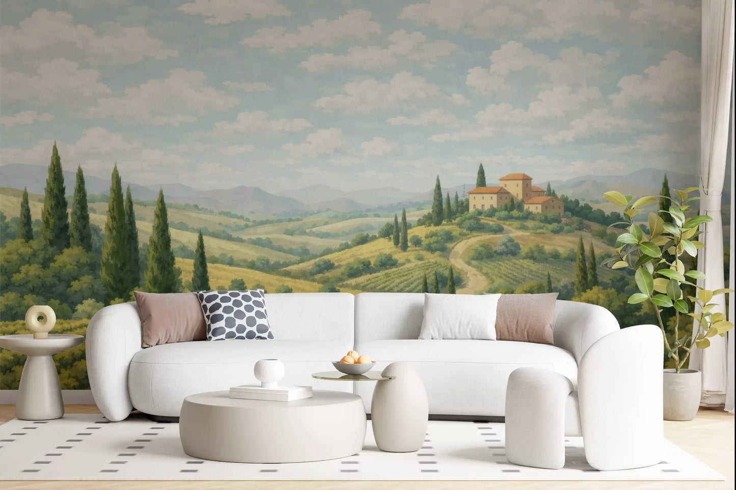 Living room with Tuscan Vineyard Vista Wall Mural and hilltop villa scenery