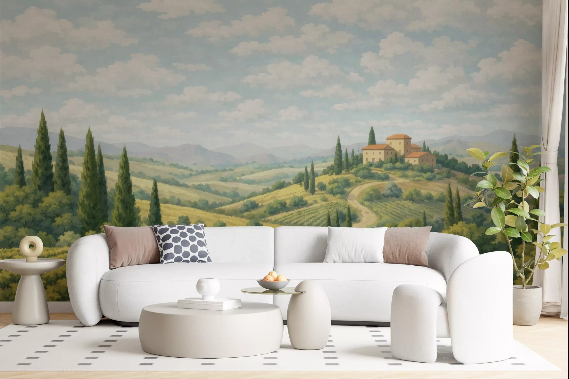 Living room with Tuscan Vineyard Vista Wall Mural and hilltop villa scenery