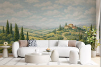 Living room with Tuscan Vineyard Vista Wall Mural and hilltop villa scenery