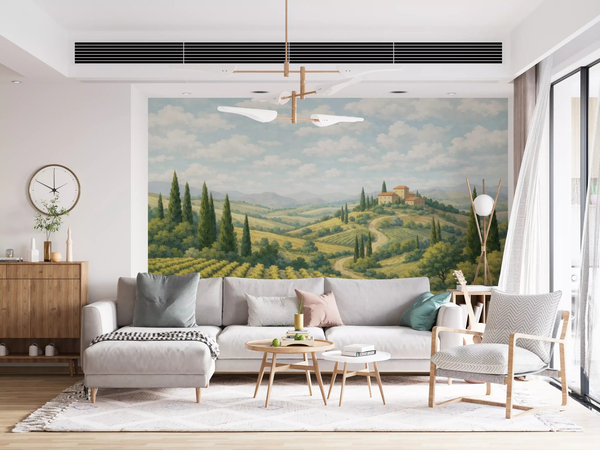 Living room featuring vineyard vista wall mural with a winding country path
