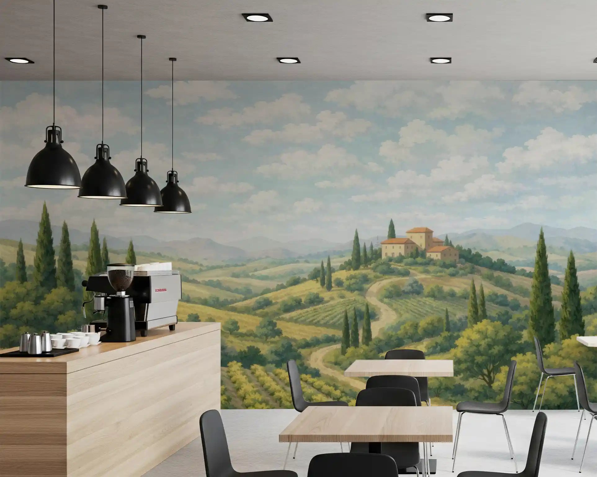 Cypress tree mural with Tuscan hills, open sky, and warm field tones