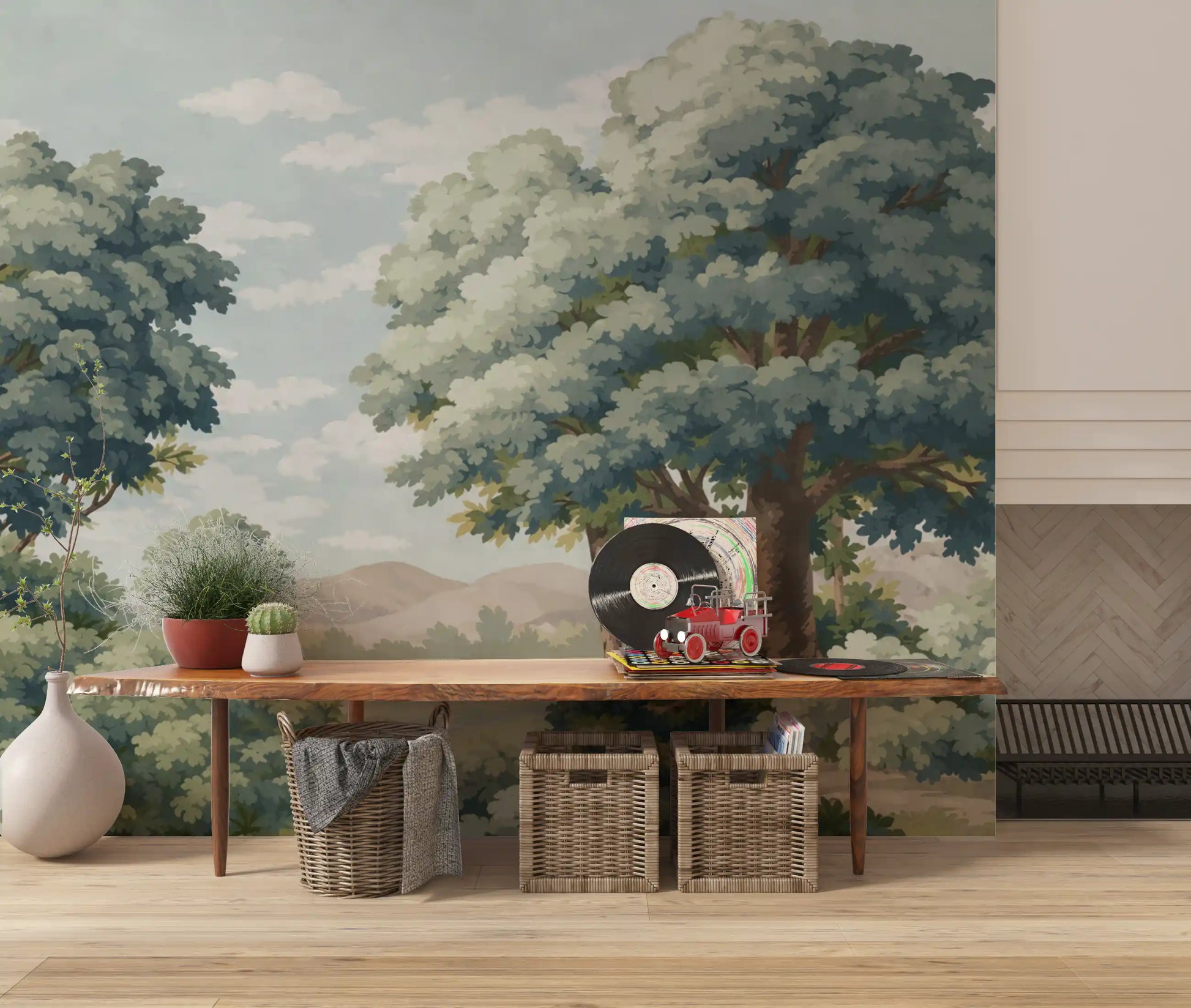 Verdant Horizon Lake Wall Mural with rounded trees and quiet water depth