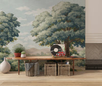 Verdant Horizon Lake Wall Mural with rounded trees and quiet water depth