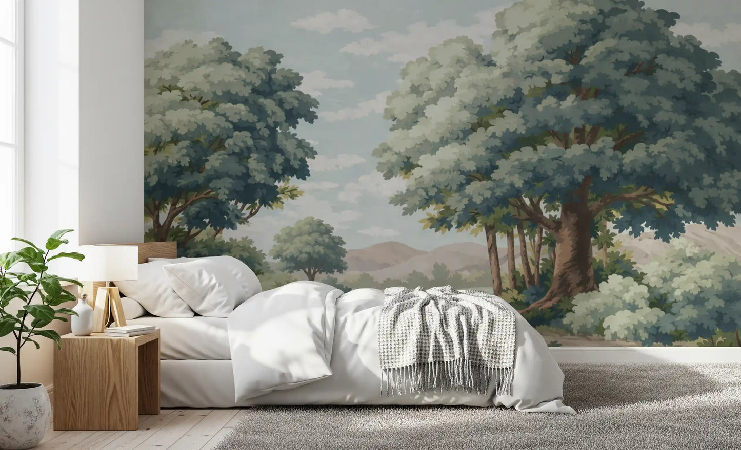Bedroom wall showing verdant lake mural with calm water and pale sky