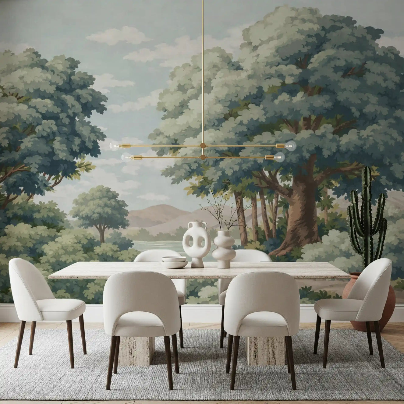 Dining room wall mural with Verdant Horizon Lake and soft green tree canopies