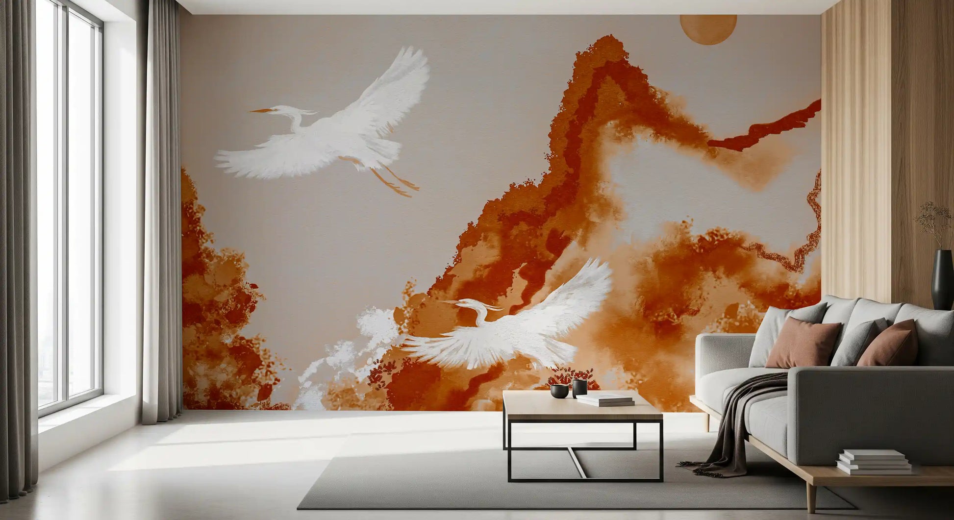 Dining room wall mural featuring Ochre Horizon Cranes in a soft scenic view