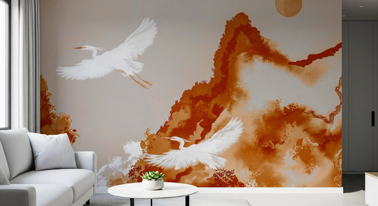 Living room wall mural with Ochre Horizon Cranes and misty mountain forms