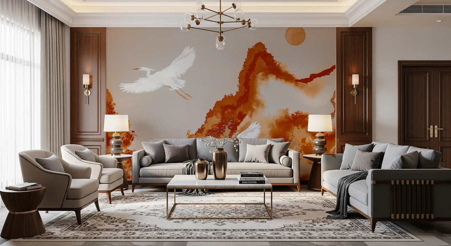Cranes flying wall mural with ochre washes, sun detail, and open composition