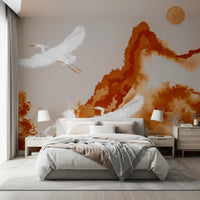 Joseon Era Inspired wall mural showing cranes above rust-toned landscape forms