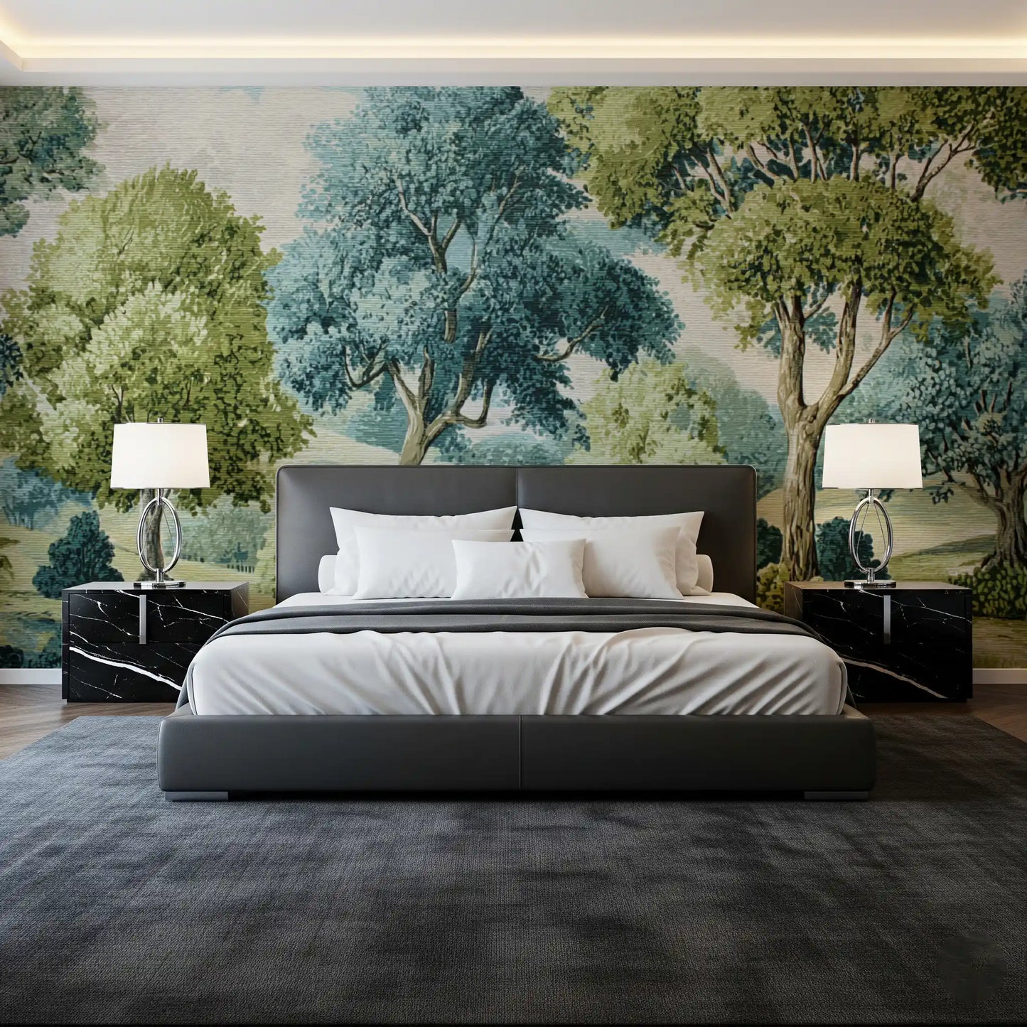 Bedroom featuring river vista wall mural with trees and blue water detail