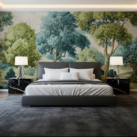Bedroom featuring river vista wall mural with trees and blue water detail