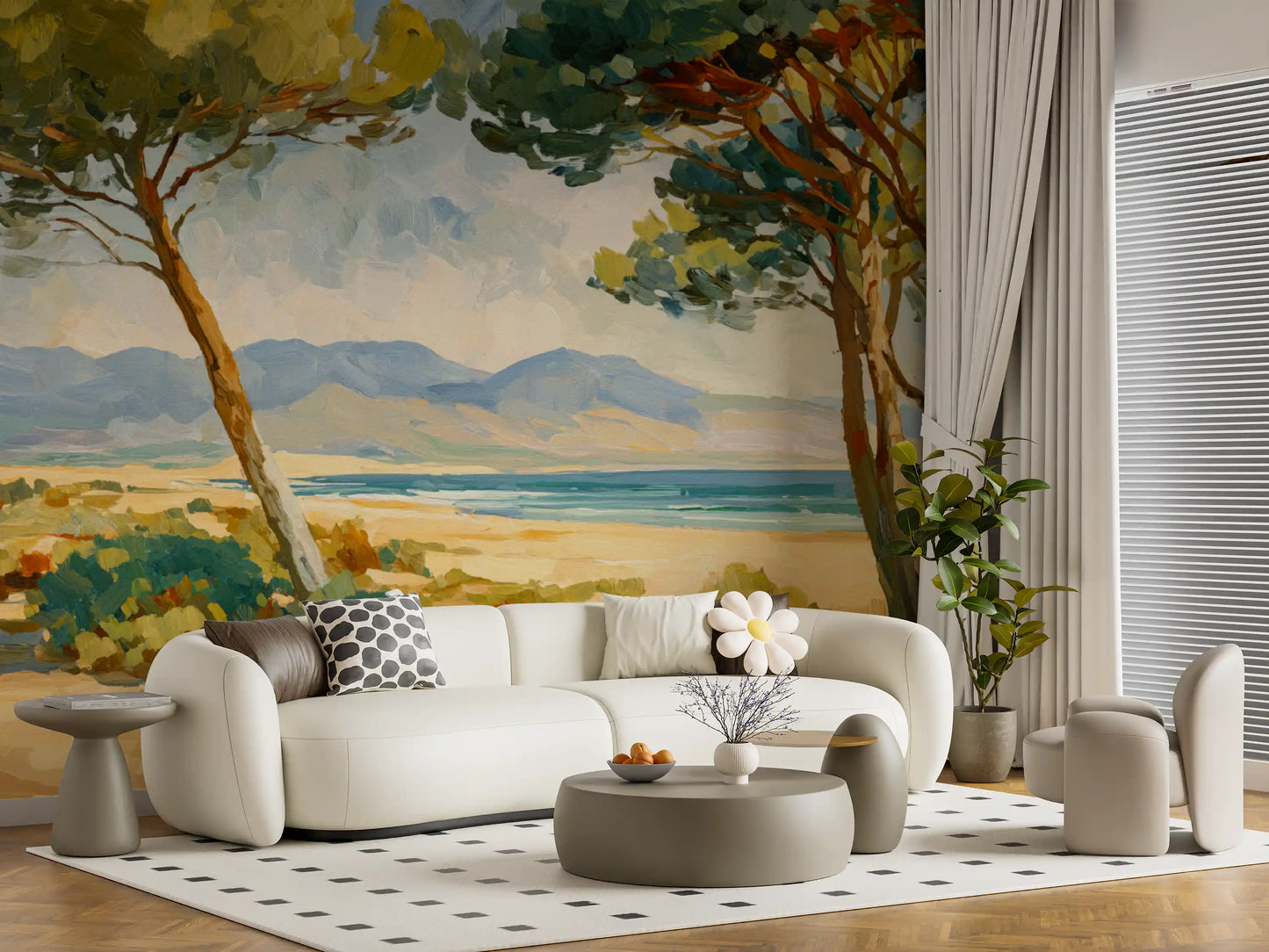 Living room using beach tree mural with pines, shrubs, and distant hills
