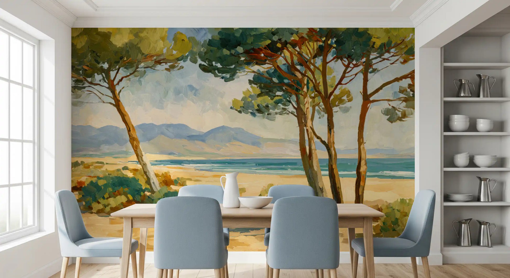 Ocean landscape mural featuring pine trunks, beach path, and open sky