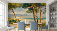 Ocean landscape mural featuring pine trunks, beach path, and open sky