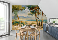 Kitchen wall showing coastal pine mural with sea, sand, and mountain view