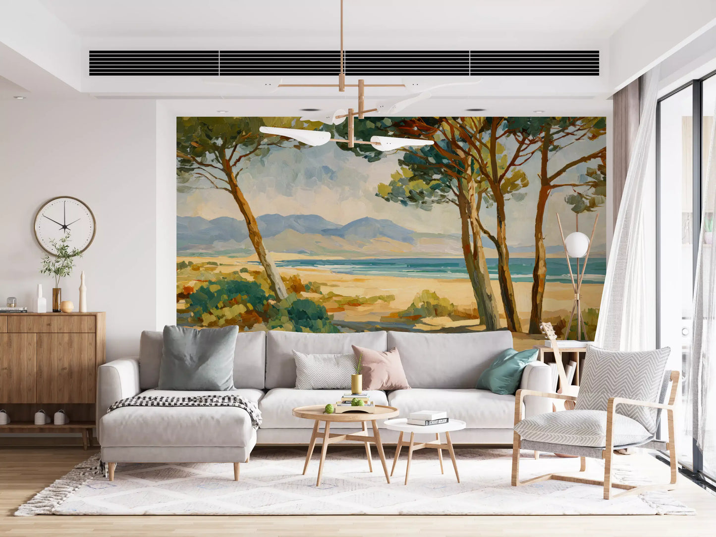 Coastal Pine Serenity Wall Mural with tall pines and calm sea horizon