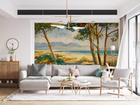 Coastal Pine Serenity Wall Mural with tall pines and calm sea horizon