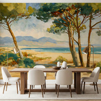 Dining room wall mural with Coastal Pine Serenity and sunny beach scenery