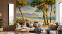 Coastal tree mural with mountain backdrop and bright seaside scenery