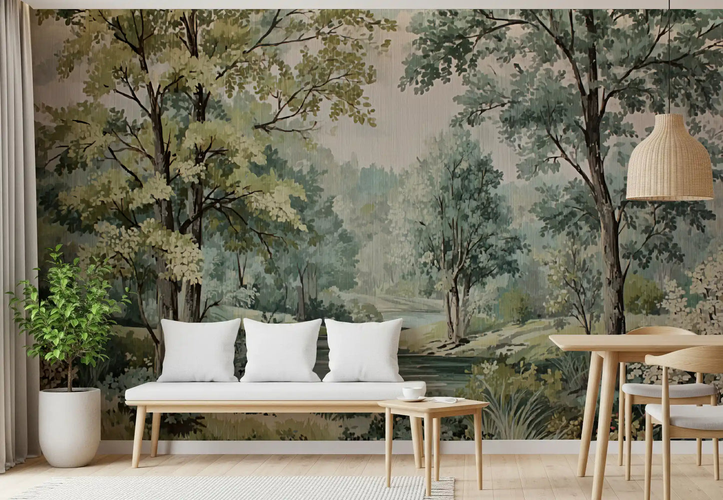 Woodland River Retreat Wall Mural with tall trees and muted green texture