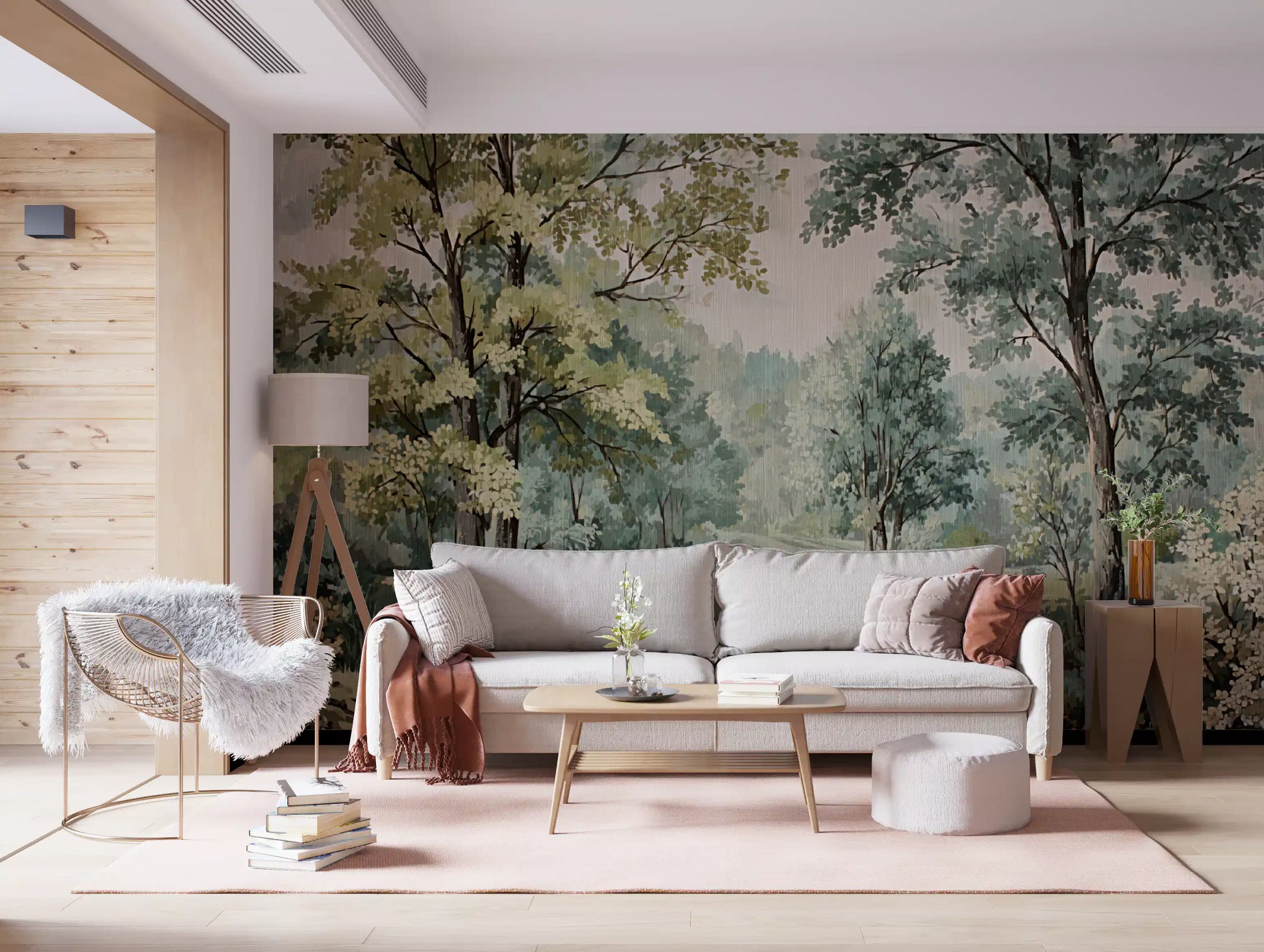 Hallway featuring river retreat wall mural with tree canopies and still water