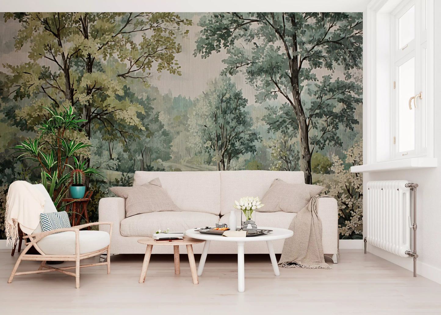 Classic river mural showing leafy branches, calm water, and pale sky detail