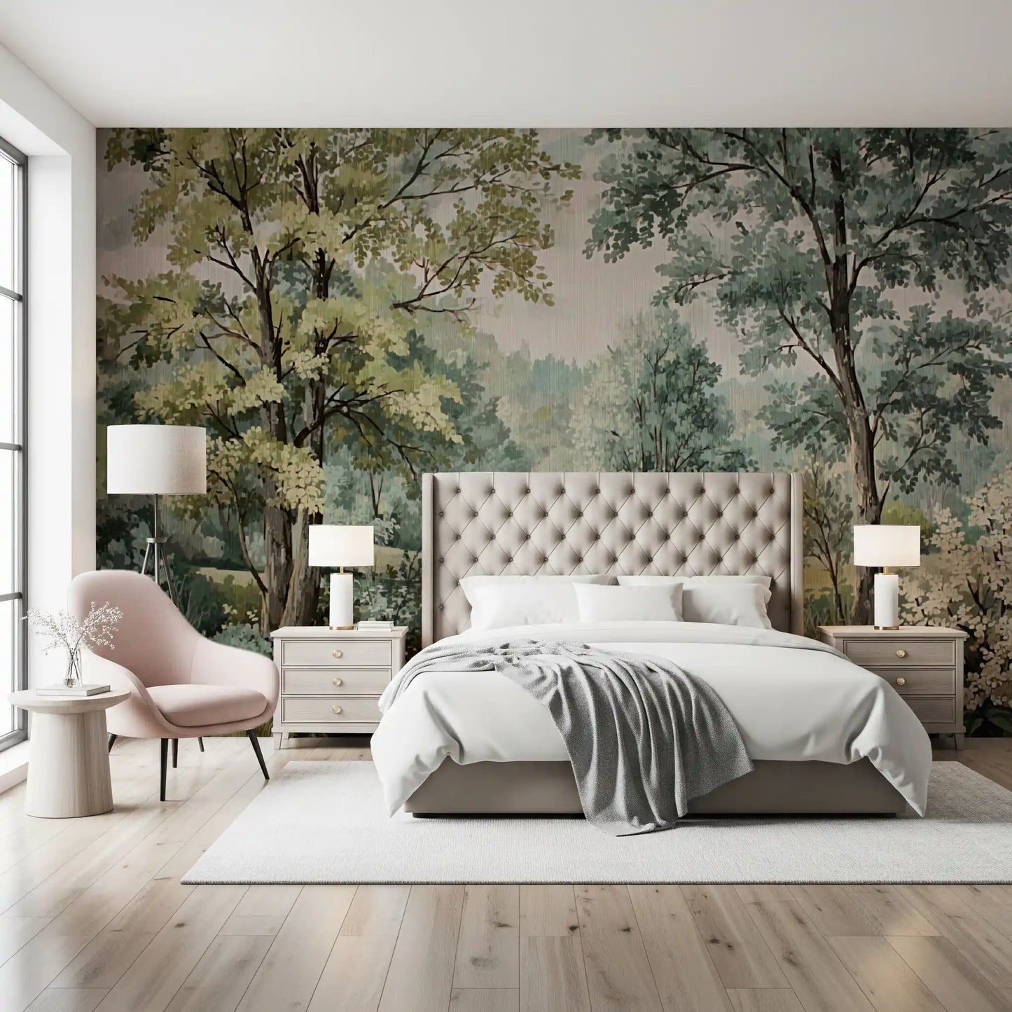 Tree landscape mural featuring shaded plants and a distant water path